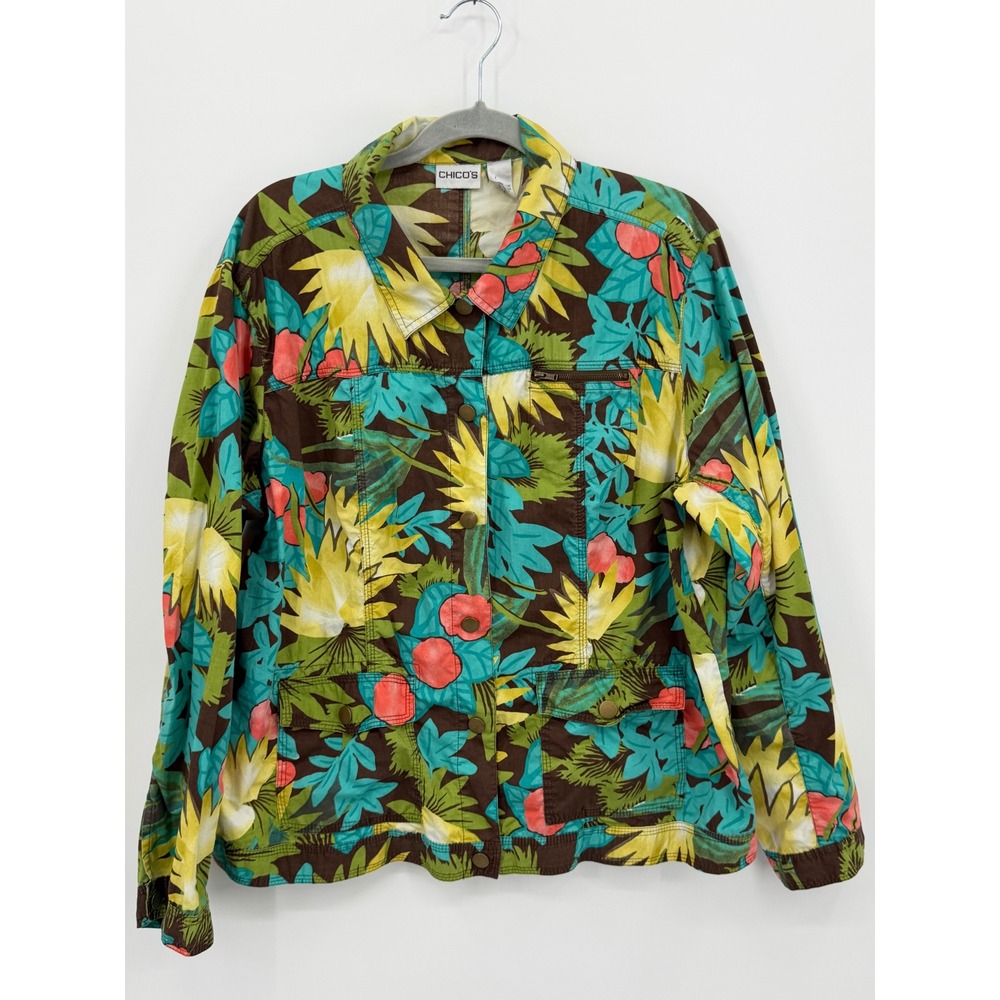 Chico's Jacket Women Size 3 XL-16 Floral Tropical Cotton Snap Front‎ Utility